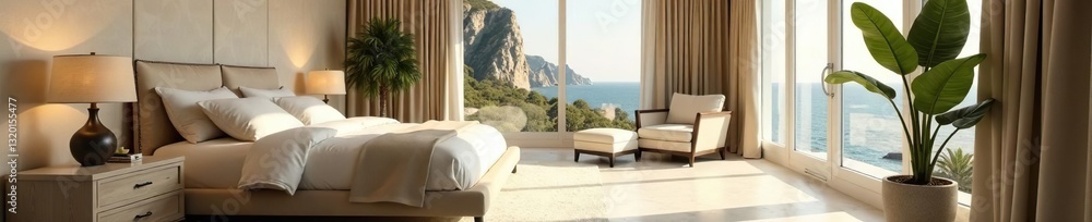 Fototapeta premium Luxurious master suite, calming neutral tones, space, painting, home