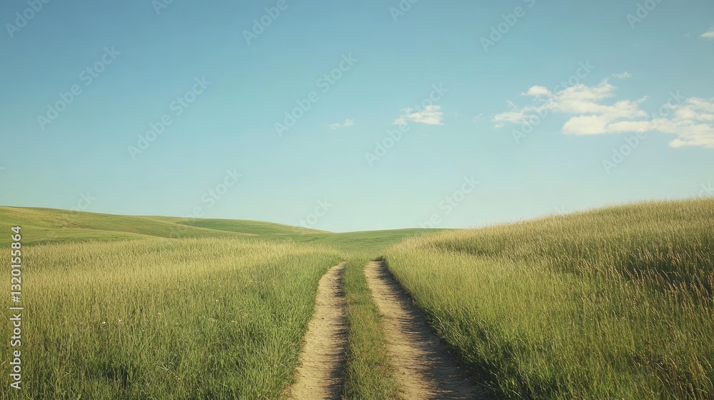 Path through golden grass hills under a pastel summer sky, a serene journey Path through golden grass hills under a pastel summer sky, a serene journey