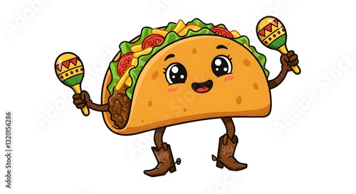 A cartoon taco with big eyes, dancing and playing Mexican maracas, wearing cowboy boots, full of fun and lively energy.
