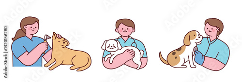 Cute veterinary illustration featuring veterinarians taking care of dogs. Includes pet checkups, vaccinations, and caring moments in a simple cartoon style.