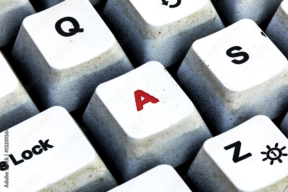 Retro Keyboard with A button in red color. A button keyboard in close up macro Retro Keyboard with A button in red color. A button keyboard in close up macro