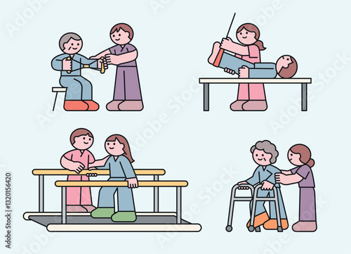 Cartoon illustration of physical therapy and rehabilitation exercises. Patients working with therapists on mobility training, strength recovery, and walking assistance.