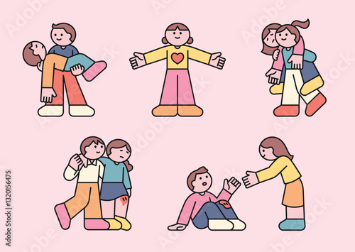 Cute cartoon illustration of people helping each other in various situations. Concept of kindness, support, first aid, and friendship.