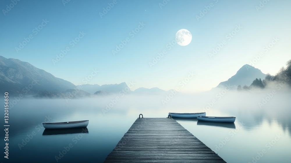 Obraz premium Serene Midnight Scene with Boats on Calm Water and Full Moon