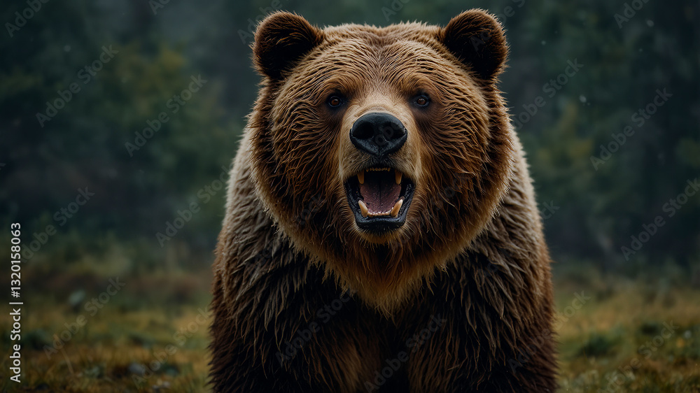 Powerful Brown Bear Roaring in Forest Majestic Wildlife Nature Photography Wild Animal Image Powerful Predator Brown Fur Grizzly Bear Close Up Nature 