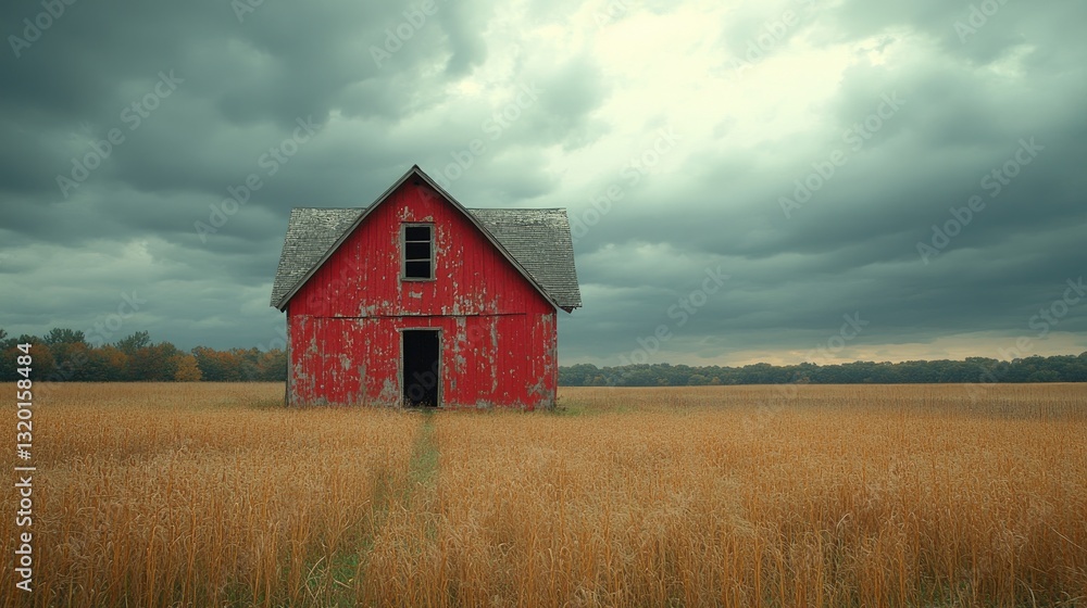 A Red Barn Stands in a Field Under Overcast Skies A Red Barn Stands in a Field Under Overcast Skies