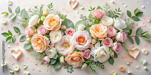 Heart-Shaped Arrangement of Delicate Pastel Roses and Paper Hearts on a Light Beige Background