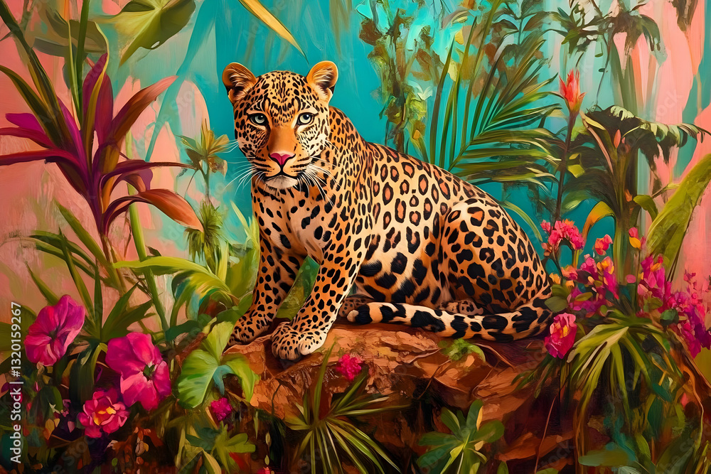 Naklejka premium A Majestic Leopard Resting on a Rock Amidst Vibrant Tropical Foliage, Painted in a Vivid, Impressionistic Style