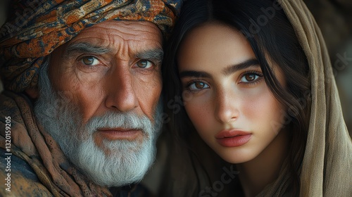Elderly Prophet Comforts Young Woman in Traditional Middle Eastern Attire in Ancient Biblical Times