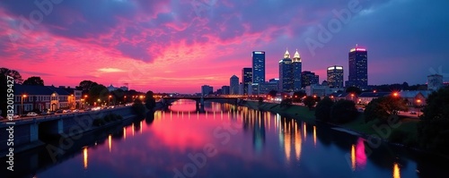 Twilight descends on Nashville, Cumberland River & Broadway skyline , stock photo, america, cumberland river
