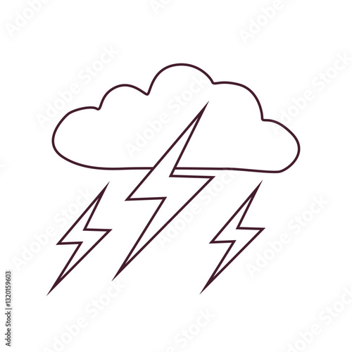 Black and white stormy weather icon with clouds and lightning bolts in doodle style. Simple meteorology symbol for weather forecasts, climate apps, and educational materials.