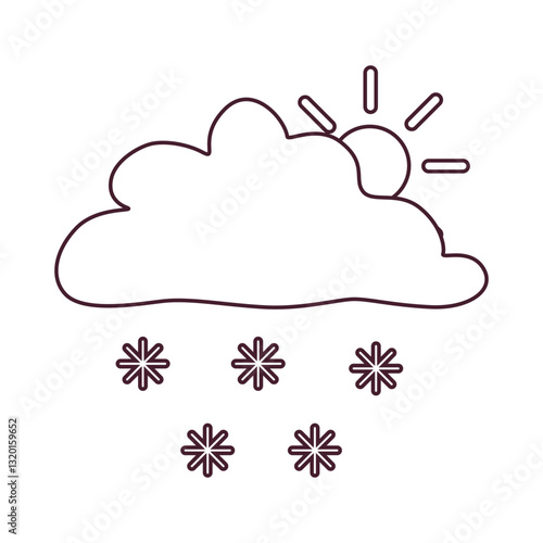 Black and white partly cloudy weather icon with sun, cloud, and snowflakes in doodle style. Simple meteorology symbol for forecasts, climate apps, educational materials, and commercial design.