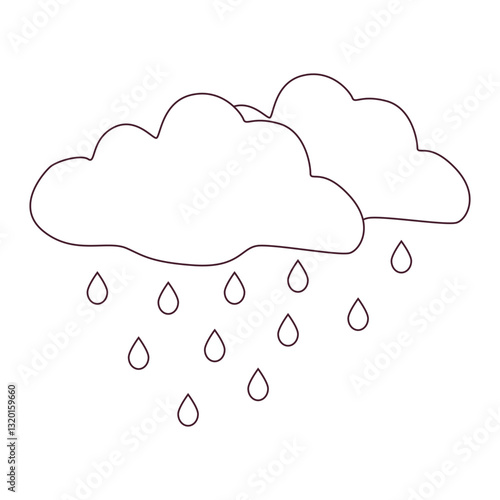 Black and white rainy weather icon with clouds and raindrops in doodle style. Simple meteorology symbol for weather forecasts, climate apps, and educational materials.