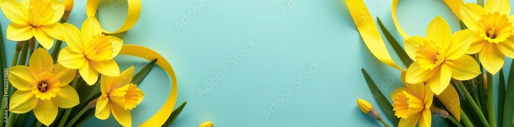 Yellow ribbons frame vibrant narcissus blooms , spring, daffodil Yellow ribbons frame vibrant narcissus blooms , spring, daffodil