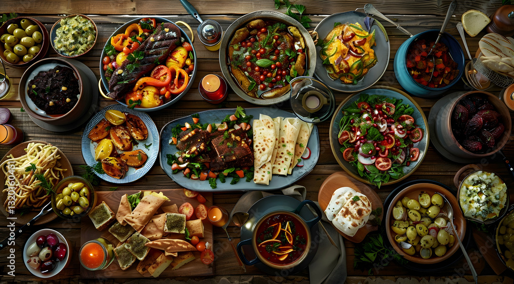 Wooden Table Laden with Middle Eastern Dishes Including Olives, Salads, Grains, Breads, and Spices in Rich Lighting for a Festive Celebration Wooden Table Laden with Middle Eastern Dishes Including Olives, Salads, Grains, Breads, and Spices in Rich Lighting for a Festive Celebration