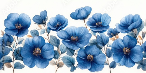 Blue Flowers Botanical Illustration Vintage Floral Print Anemone Cornflower Aster Chrysanthemum Phlox