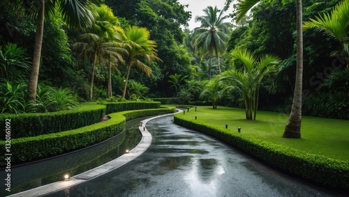 Curved walkway meandering through a lush tropical garden landscape.