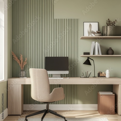 Neatly arranged home office, muted green and warm beige tones, ergonomic chair, calming aesthetic.