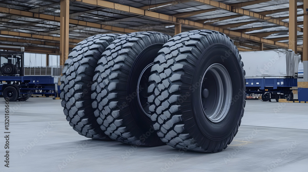3D Rendering of Three Large Off-Road Tires in Warehouse Setting 3D Rendering of Three Large Off-Road Tires in Warehouse Setting