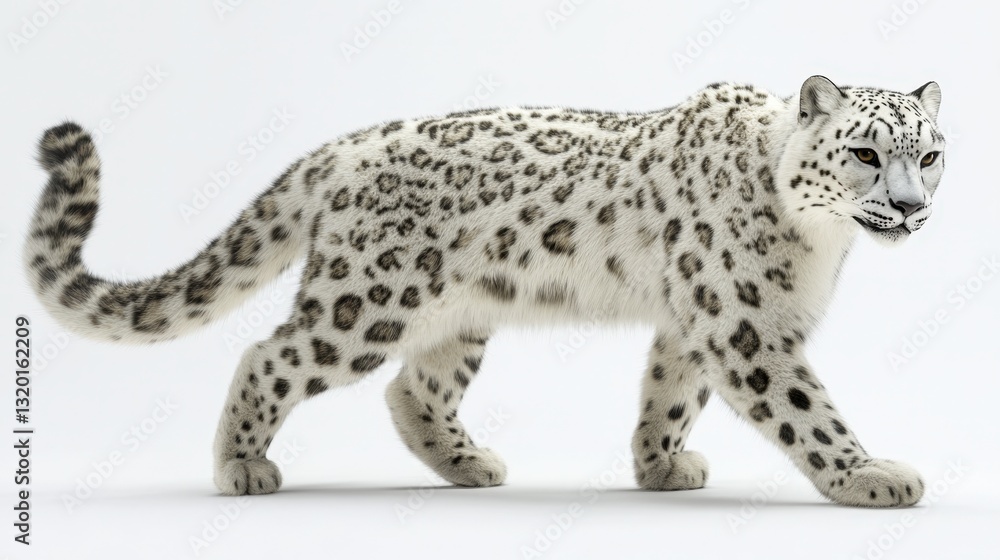 A majestic snow leopard with pristine white fur dotted with striking black rosettes, featuring a textured, almost sculpted appearance in an exquisite 3D render A majestic snow leopard with pristine white fur dotted with striking black rosettes, featuring a textured, almost sculpted appearance in an exquisite 3D render