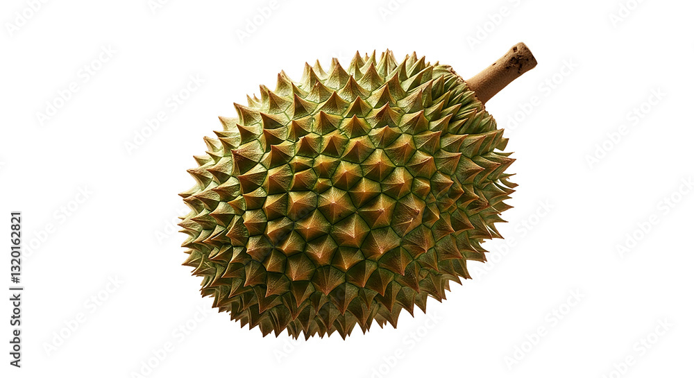 A hyper-realistic close-up shot of a whole durian floating mid-air, its spiky, rough-textured greenish-yellow shell covered in sharp, triangular protrusions A hyper-realistic close-up shot of a whole durian floating mid-air, its spiky, rough-textured greenish-yellow shell covered in sharp, triangular protrusions