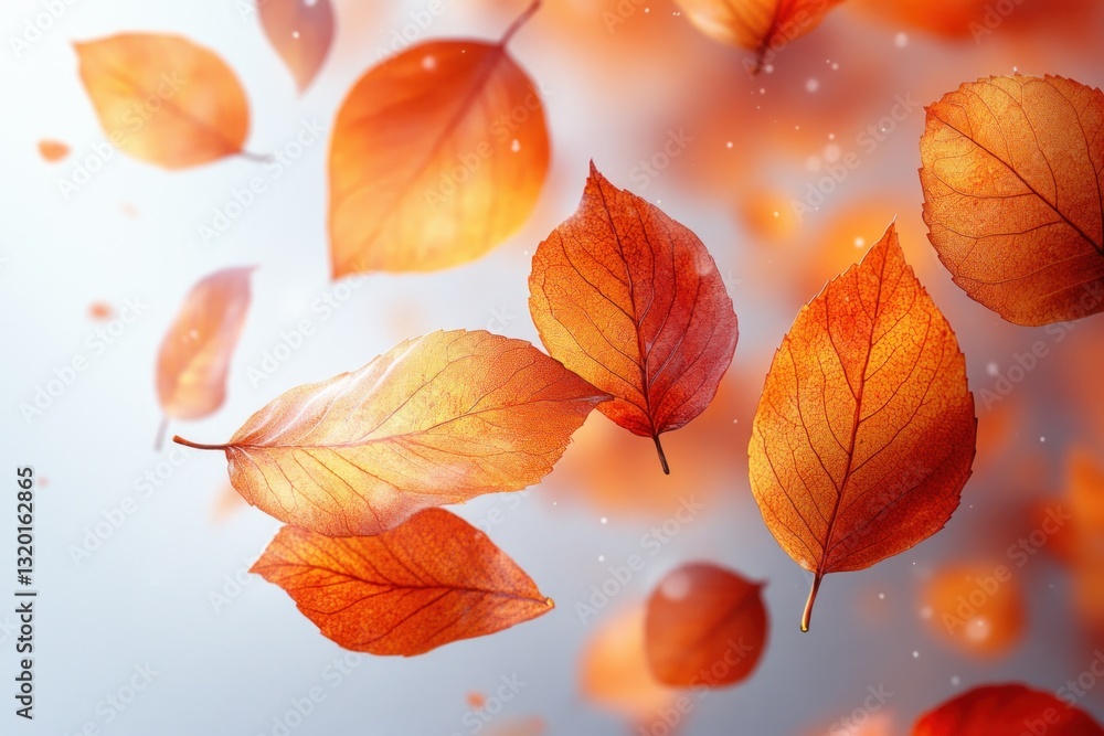 Golden Autumn Leaves Floating in Air on Clean White Background Golden Autumn Leaves Floating in Air on Clean White Background