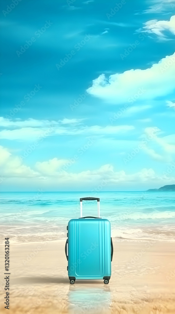 Teal Suitcase Stands on Sandy Beach, Facing Turquoise Ocean under a Bright Blue Sky with Fluffy White Clouds; Summer Vacation Illustration Teal Suitcase Stands on Sandy Beach, Facing Turquoise Ocean under a Bright Blue Sky with Fluffy White Clouds; Summer Vacation Illustration