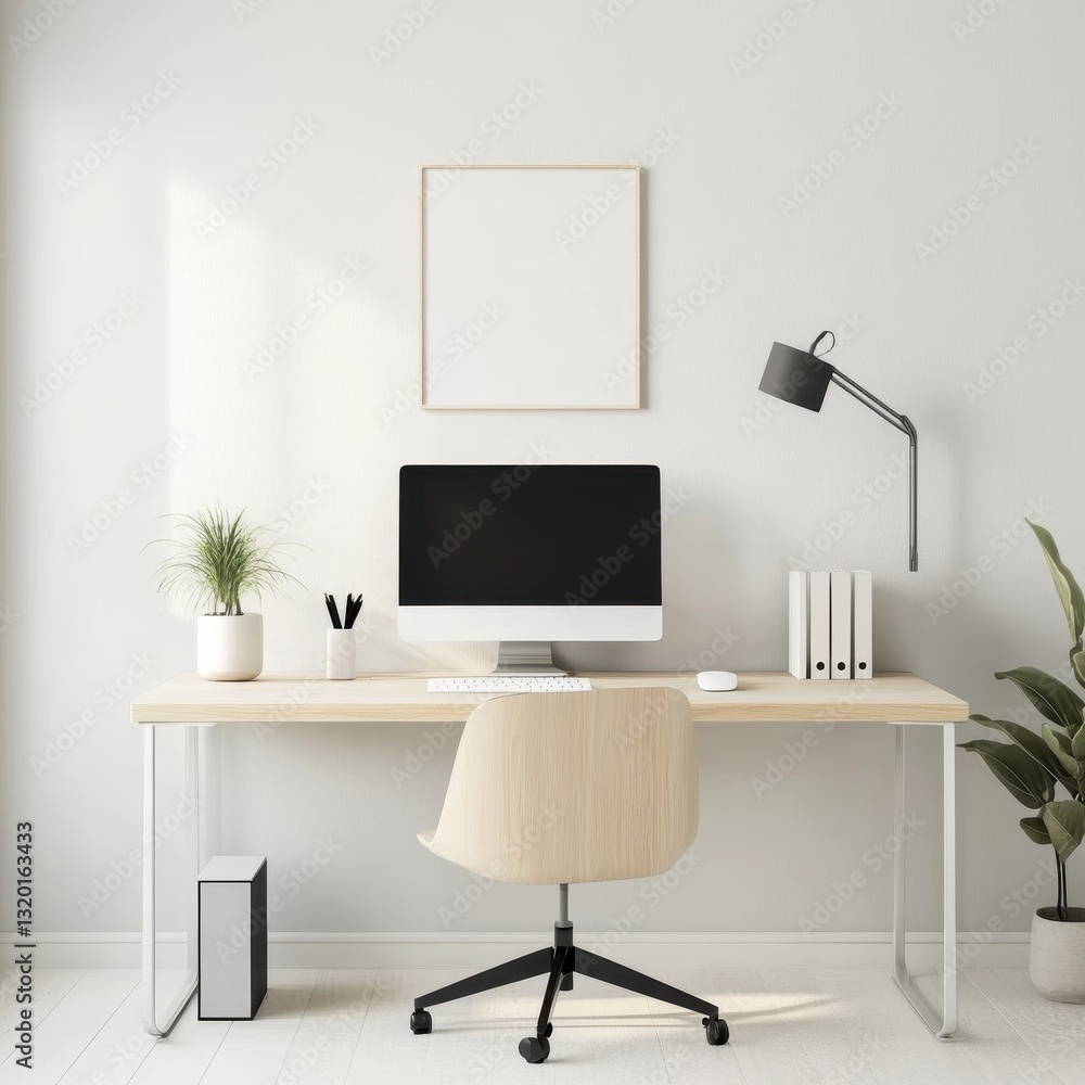 Minimalist workspace with a neatly arranged computer desk, soft pastel colors, ergonomic setup, calming atmosphere. Minimalist workspace with a neatly arranged computer desk, soft pastel colors, ergonomic setup, calming atmosphere.