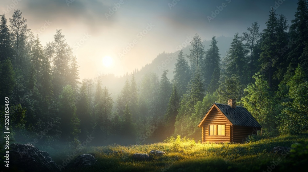 Tranquil Cabin in Lush Green Forest with Misty Mountain Background Tranquil Cabin in Lush Green Forest with Misty Mountain Background