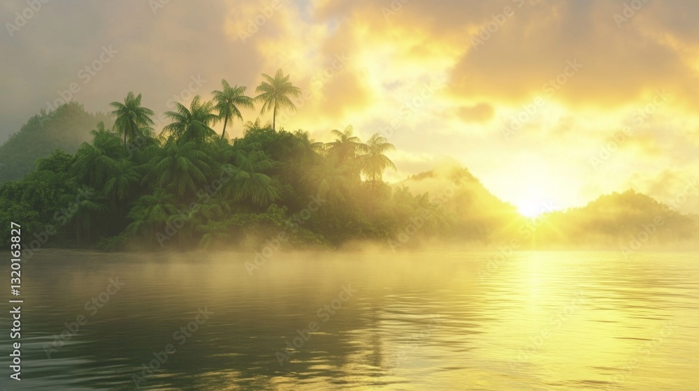 Serene Tropical Island at Sunrise with Lush Greenery and Calm Water Serene Tropical Island at Sunrise with Lush Greenery and Calm Water