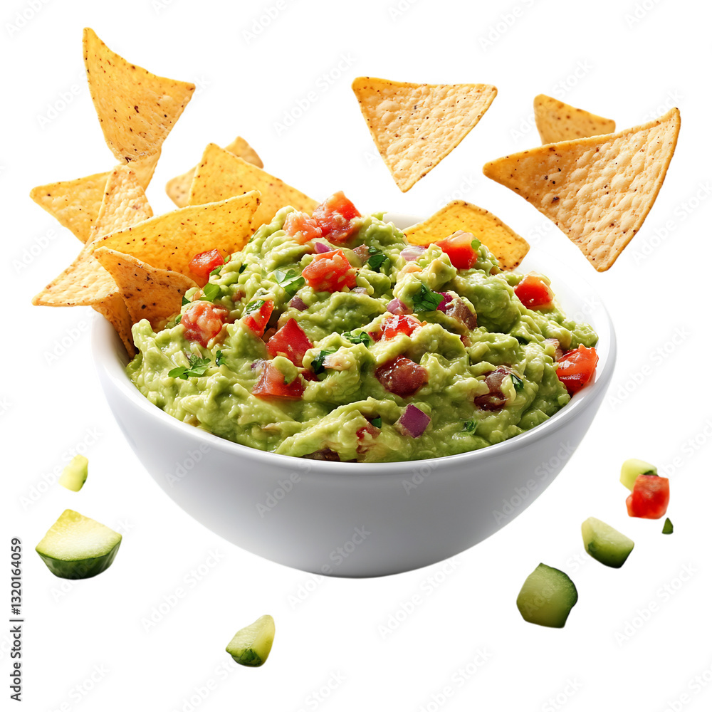 A Fresh Bowl of Guacamole with Chips Flying Through Isolated on Transparent Background A Fresh Bowl of Guacamole with Chips Flying Through Isolated on Transparent Background