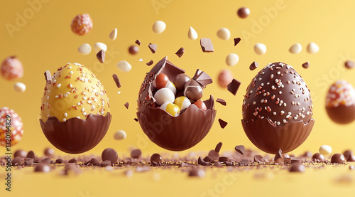 Easter chocolate, broken eggs with filling, on a yellow background, created with Generative AI technology