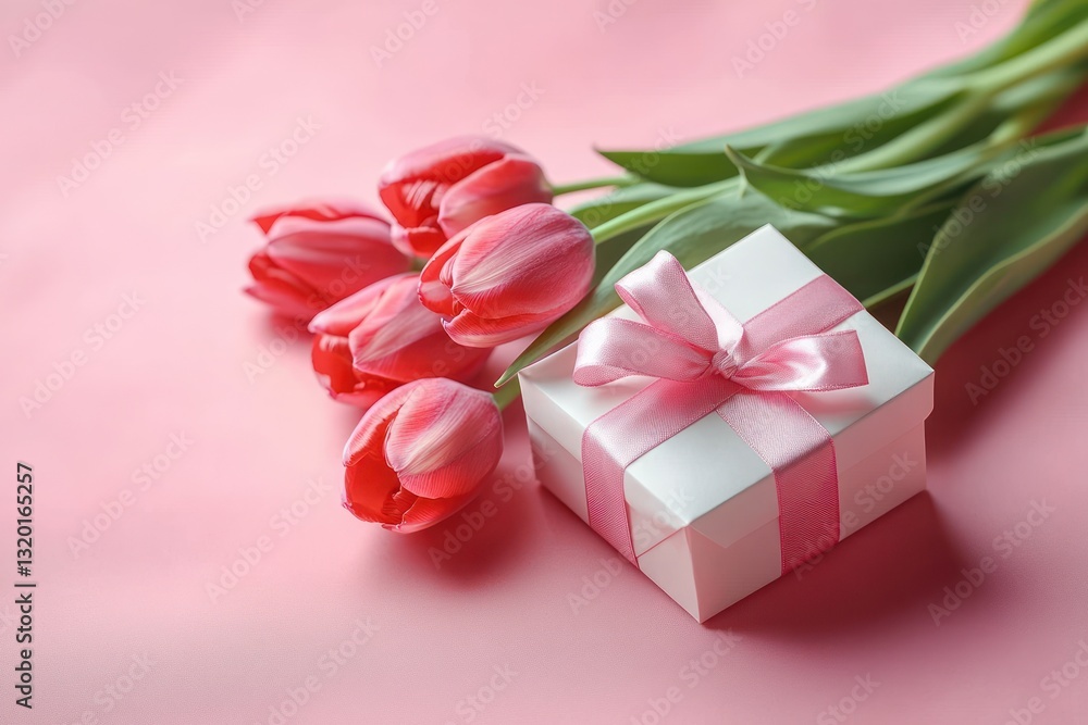 Vibrant Red Tulips and Gift Box on Pink Background Elegant Flatlay Composition for Celebrations Vibrant Red Tulips and Gift Box on Pink Background Elegant Flatlay Composition for Celebrations