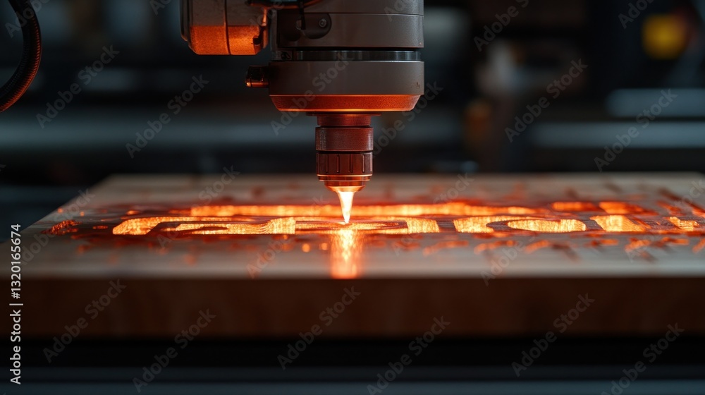 Laser engraving machine precisely etching design onto wooden surface Laser engraving machine precisely etching design onto wooden surface
