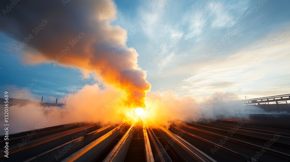 Obraz premium Dramatic Sunset with Smoke and Light Over Industrial Landscape