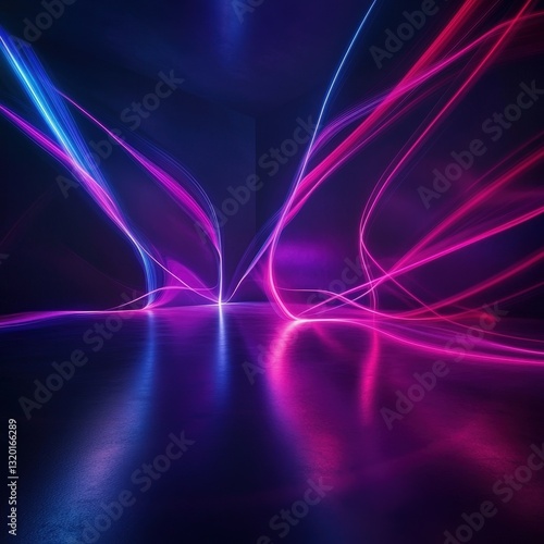 Neon lights dance in dark room, reflecting on floor; futuristic background, ideal for gaming or sci-fi