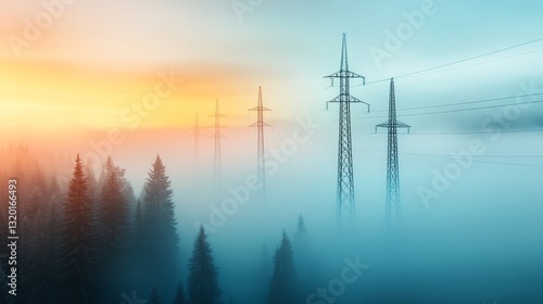 Serene Landscape of Power Lines in Misty Forest at Sunrise