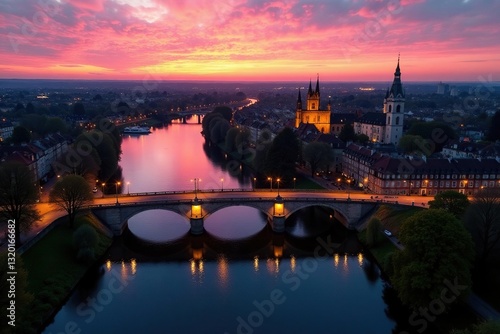 Dusk descends on All Saints & Marlow's iconic bridge Aerial view , architecture, golden hour, England