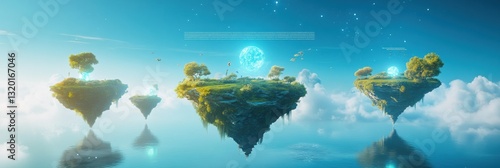 Floating islands connected by portals offer gateways to diverse virtual worlds in a stunning metaverse display featuring ethereal landscapes