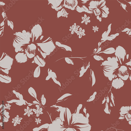 Floral seamless pattern features light brown orchids and leaves silhouettes on a solid dark red background. The flowers and leaves have a painterly, slightly abstract quality