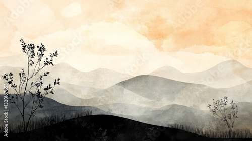 Abstract watercolor landscape painting with layered mountains and trees