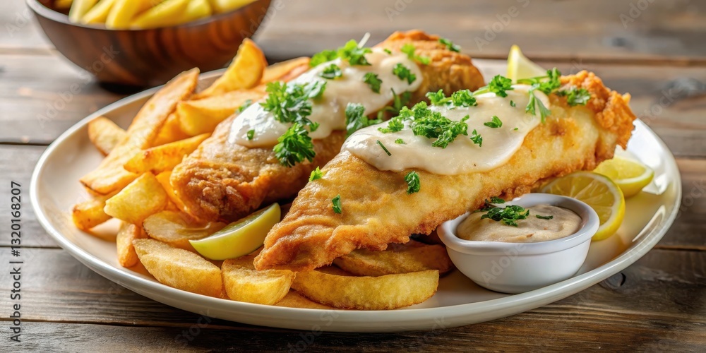 A delectable plate of crispy fried fish fillets, generously topped with creamy sauce and fresh herbs, served alongside a generous portion of golden-brown potato wedges and lemon slices. A delectable plate of crispy fried fish fillets, generously topped with creamy sauce and fresh herbs, served alongside a generous portion of golden-brown potato wedges and lemon slices.