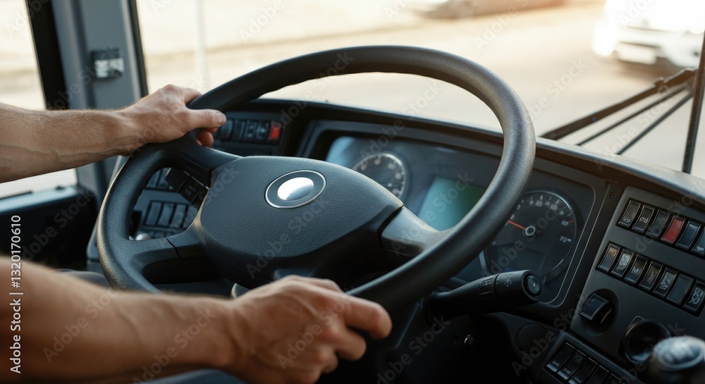Person driving bus, holding steering wheel Person driving bus, holding steering wheel