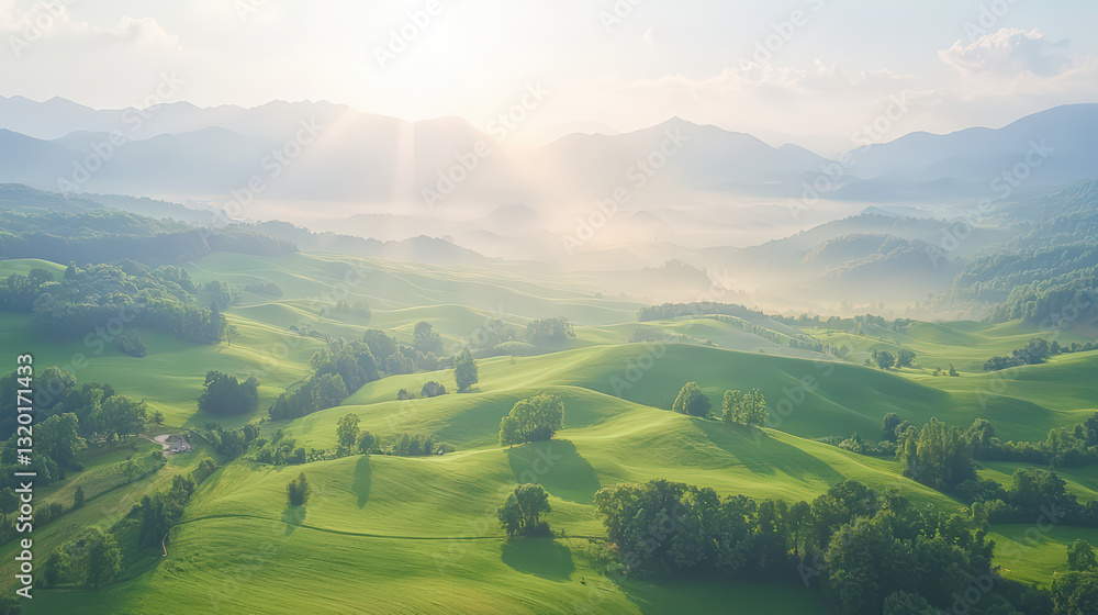 Obraz premium Serene green landscape with sunlight rays