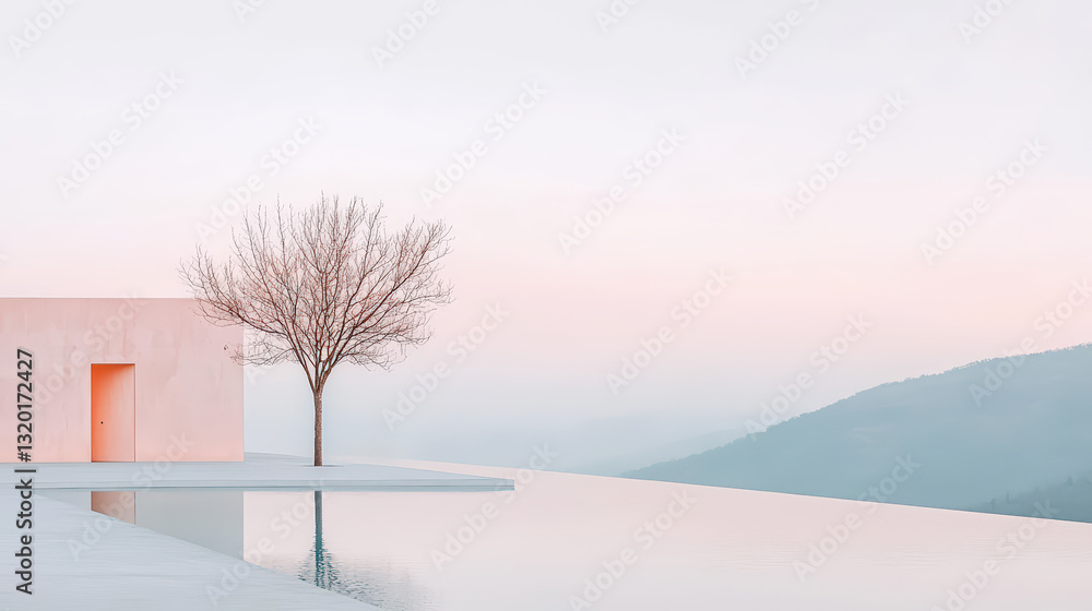 Fototapeta premium A serene landscape featuring a barren tree beside a minimalistic structure, reflecting calmness in a pastel-hued environment.