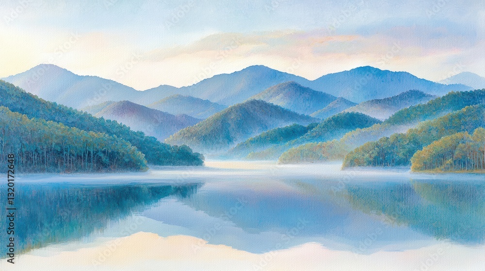 Serene misty morning lake reflecting mountains. Serene misty morning lake reflecting mountains.