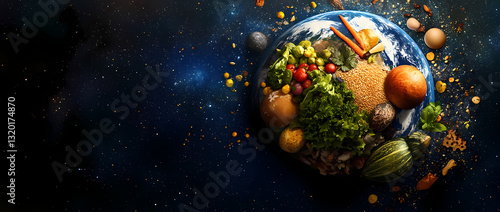 Earth's Bounty from Space: A breathtaking cosmic view showcasing Earth adorned with an array of fresh produce, symbolizing the planet's abundance and the importance of sustainable agriculture.