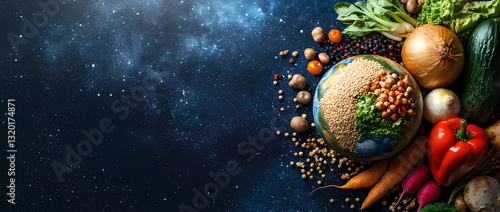 Earth's Edible Embrace: A vibrant globe shaped with grains, beans and vegetables represents Earth's embrace of nourishing foods.