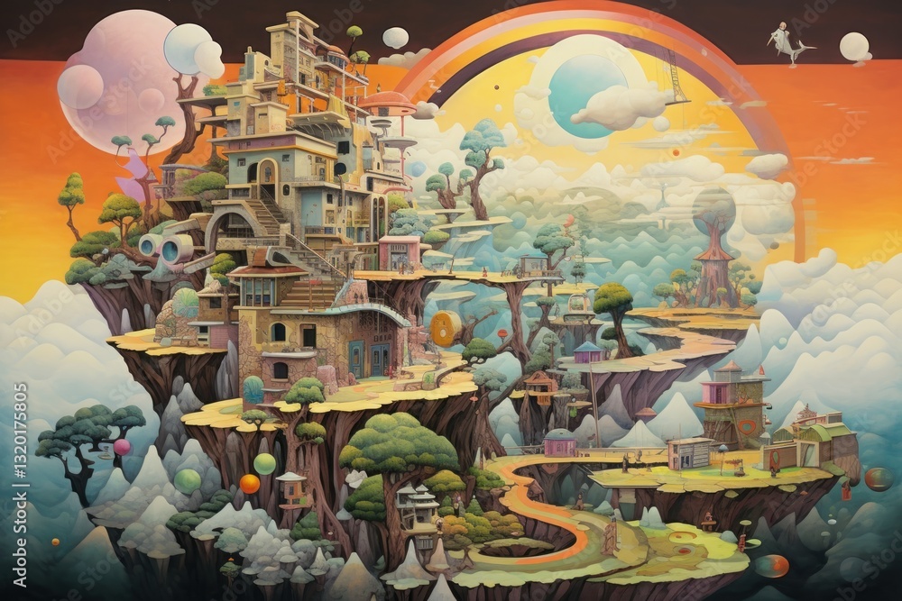 A colorful whimsical city built on floating islands in the sky A colorful whimsical city built on floating islands in the sky