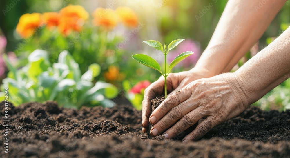 Close-up of hands planting seedling in soil, gardening concept Close-up of hands planting seedling in soil, gardening concept